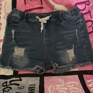 Distressed Denim Shorts with Drawstring